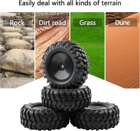 4pcs RC Trailer Tires, 12mm Hex Hard Dish Wheel Rim and Tires with Lock Nuts for 1/10 Rock Crawler
