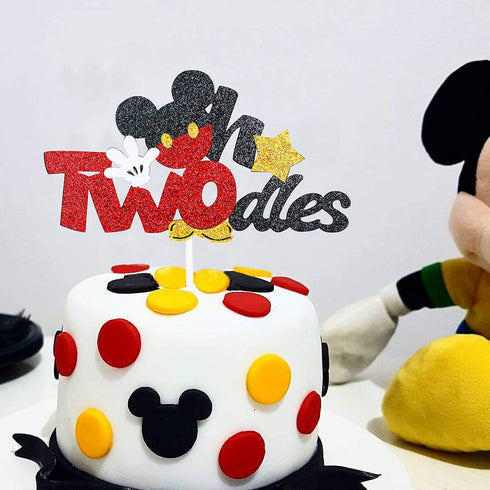 Glitter Twodles Cake Topper, Mouse Birthday Cake Decor for Second Birthday Party Supplies
