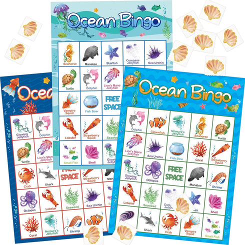 Ocean Bingo Game for 24 Players, Under Sea Party Game Supplies