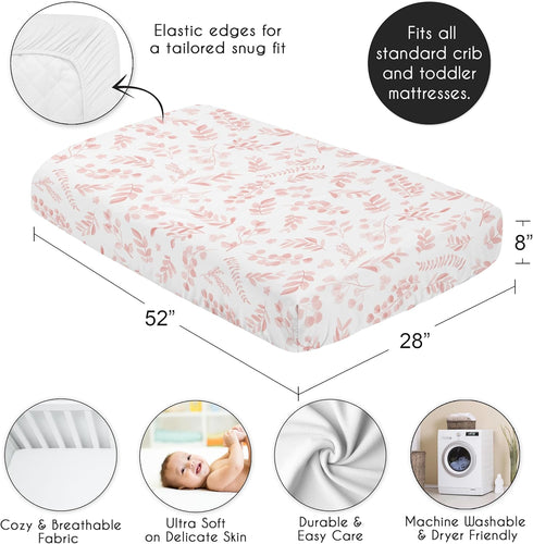 Sweet Jojo Designs Fitted Baby Crib Sheets (Boho Pink Floral Leaf) for Girls, Infant Nursery, Toddler Bed Room