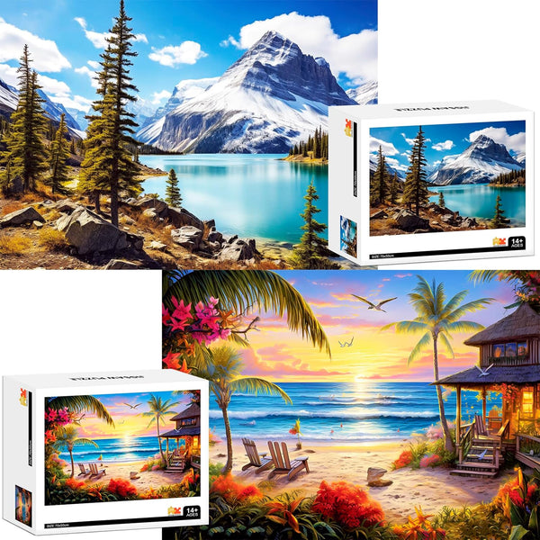 2 Pack Puzzles for Adults 1000 Pieces - Hawaii Beach & Moraine Lake Difficult Jigsaw Puzzles for Family Friends