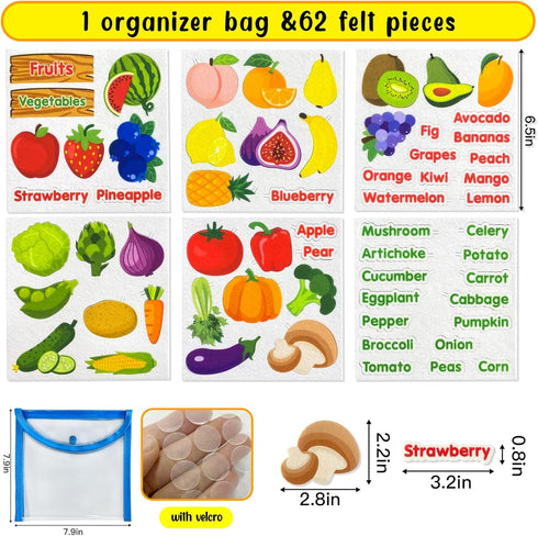 Felt Fruits and Vegetables Learning Pieces,62 Felt Board Pieces for Felt Flannel Board,Learn Common Fruits and Vegetables and Words for Kindergarten,Preschool,Toddlers