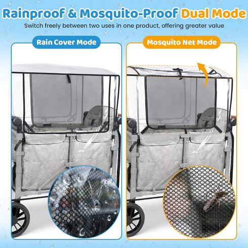 W4 Clear Stroller Rain Cover for Trolley Cart, Rain Cover for Wagon Stroller with Mosquito Net, Big Size Suitable