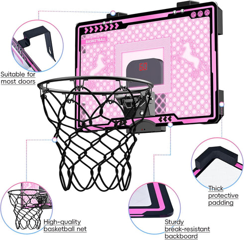 Mini Indoor Basketball Hoop with LED Light & Electronic Scoreboard, Over The Door Unicorn Toy Gifts for Kids
