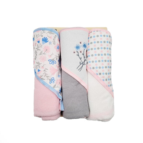 Buttons & Stitches Baby Girl 3 Pack Rolled/Carded Hooded Towels in Fresh Florals Print, GS71768