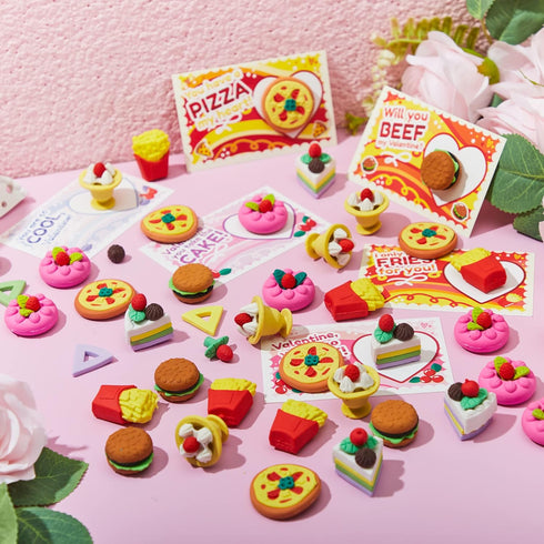 JOYIN 36 Pieces Valentines Day Gift Cards - 3D Dessert Erasers for Kid Classroom Cards, Party Favor Toy Supplies.
