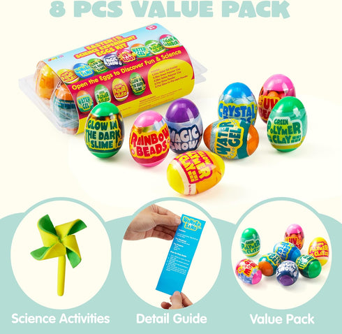 8 JOYIN Pcs Easter Science Experiment Eggs, Colorful Eggs Prefilled with Science Activity Kit, Easter Hunt, Basket