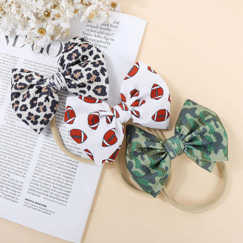YanJie 3Pcs 4.5" Nylon Hairband for Baby Girls, Newborn Leopard Football Camo Printed Hair Accessories