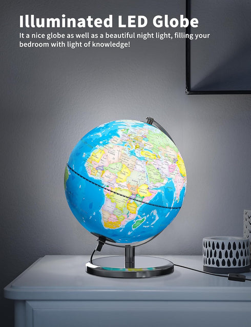 9" Illuminated World Globe with Stand - Educational Globe for Kids Learning, Colorful HD World Map Details