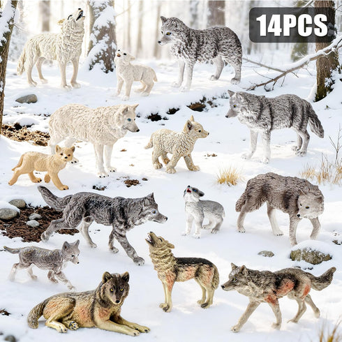 14PCS 3 4 5 6 7, Wolf Toy Animal Figurines, Realistic Plastic Zoo Safari Animal Toys for Toddlers Forest Wolf Animals
