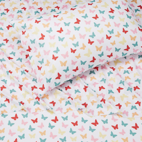 3-Piece Set, Amazon Basics Kid's Soft Easy-Wash Lightweight Microfiber Sheet Toddler, Multi Colour, Butterflies