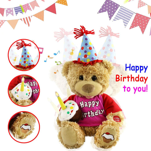 Houwsbaby 13.5'' Birthday Teddy Bear Interactive Stuffed Animal Electric Singing Musical Plush Toy with Cupcake for Kids