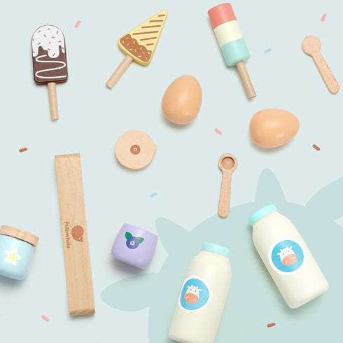 12-Piece Set 3+ Pillowhale Wooden Dairy & Ice Cream Play Food Pretend Fridge Food Accessories w/ Milk Bottles Yogurt