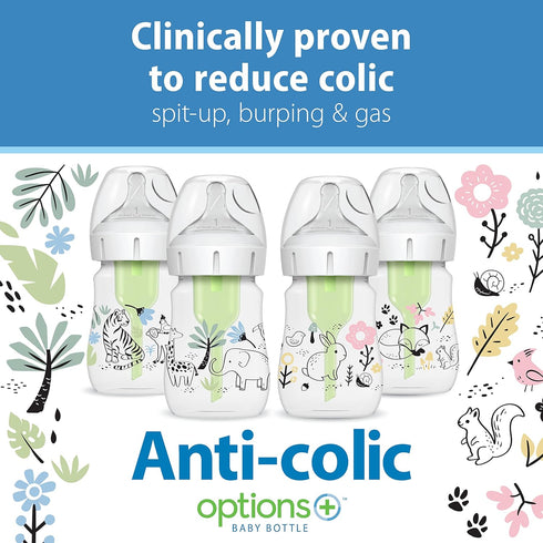 5 oz/150 mL, 1 0m+, 4-Pack Dr. Brown's Anti-Colic Options + Wide-Neck Baby Bottle Designer Edition, Woodland + Jungle