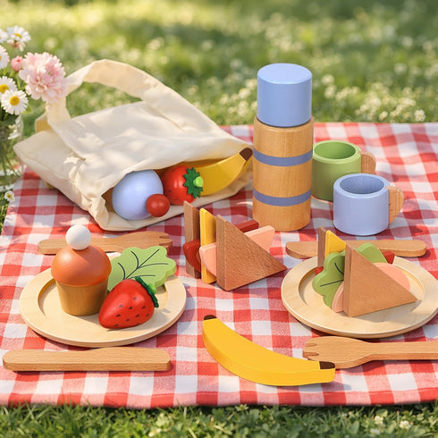 PairPear Wooden Play Food Set, 32 Pcs Pretend Play Kitchen & Picnic