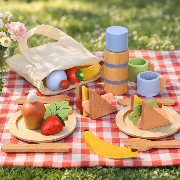 PairPear Wooden Play Food Set, 32 Pcs Pretend Play Kitchen & Picnic