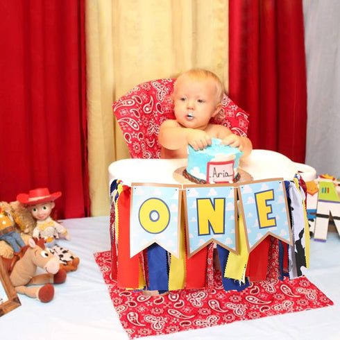 1st 1st Toy Theme Birthday Banner - Toy Inspiration Story's Birthday High Chair Banner,Western Party Decorations, West