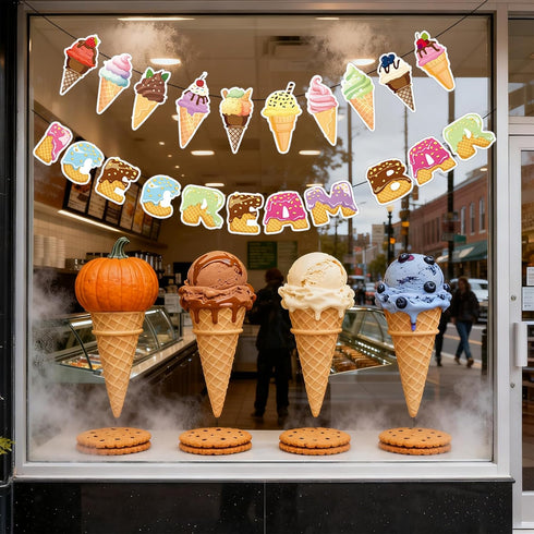 2Pcs Summer Community Ice Cream Party Decorations - Ice Cream Bar Banner & Cone Bunting Decorations for Party, Kids