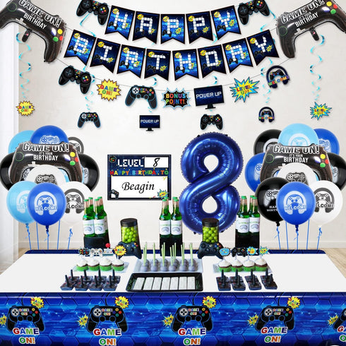 Video Game Party Decorations - 8th Birthday Supplies for Boys, HAPPY BIRTHDAY Banner, Gaming Balloons, Number 8