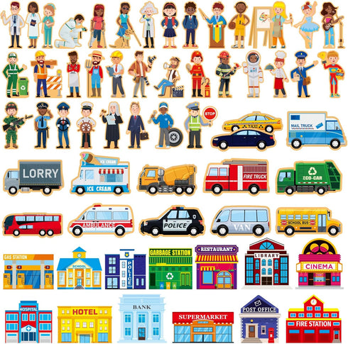 Blosssound 81 Pcs Wooden Community Helpers Toys Wooden Car Town Set Wood People