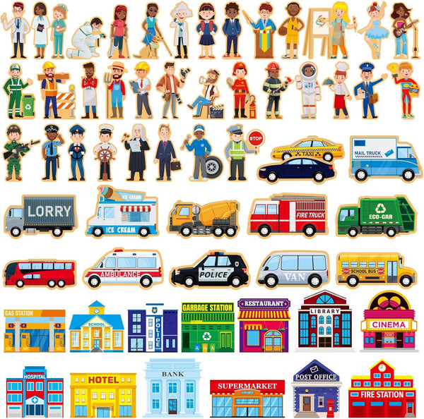 Blosssound 81 Pcs Wooden Community Helpers Toys Wooden Car Town Set Wood People
