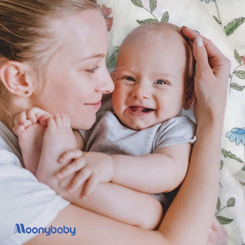 Moonybaby Blankets, Set of 2, 100% Organic Cotton Swaddle, Stroller, Receiving Blankets (Blue + Flower), 47x47 Inch