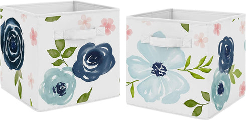 Sweet Jojo Designs Navy Blue and Pink Watercolor Floral Foldable Fabric Storage
