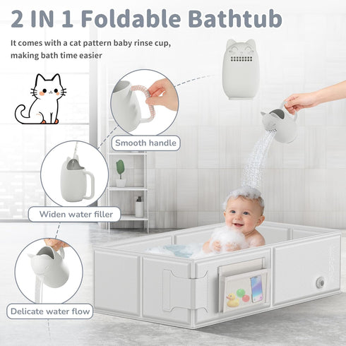 6M-5Y,Baby Baby Bathtub, Portable Bathtub with Cat-Patterned Bath Rinse Cup,Foldable Bath Tub for Small