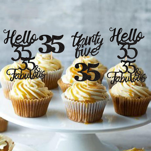 24 PCS 35th Birthday Cupcake Toppers, Hello 35 Cake Topper Thirty Five & Fabulous Cupcake Picks Decorations