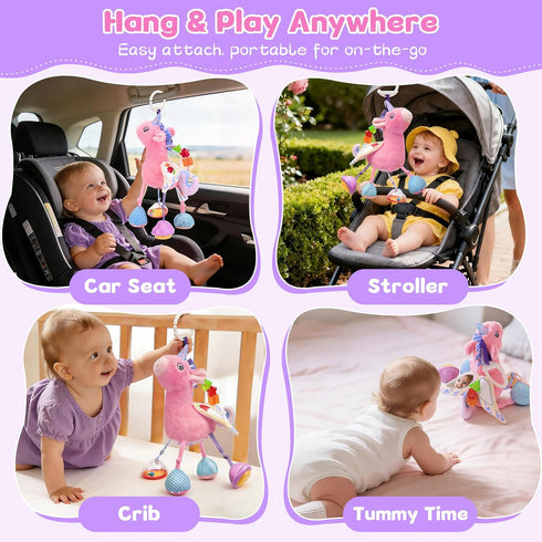 0-12 Car Seat & Stroller Toy for Girl - Musical Sensory Plush with Rattle & Mirror Baby Toys Months Hanging Travel