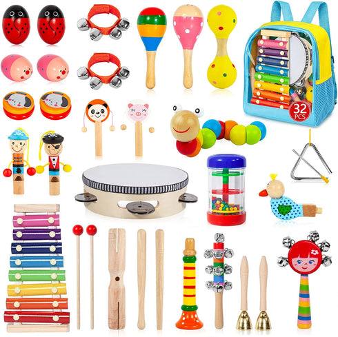 Toddler Musical Instruments Set, 32 PCS 19 Kinds Wooden Percussion Toys for Kids