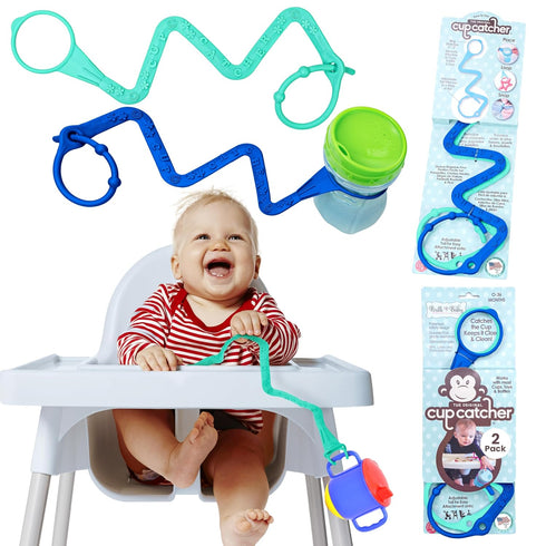 Brilli Baby Cup Catcher Patented Safety Tether Strap, Attach Sippy Cups and Bottles to Stroller, Made in USA, Aqua &