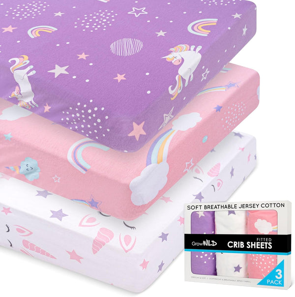 GROW WILD Unicorns & Rainbows Fitted Crib Sheets Girl (3 Pack) -