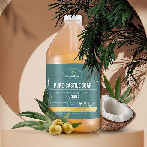 64 Oz WHOLENATURALS Pure Castile Soap Liquid, EWG Verified & Certified Palm Oil Free Unscented, Natural, Mild & Gentle