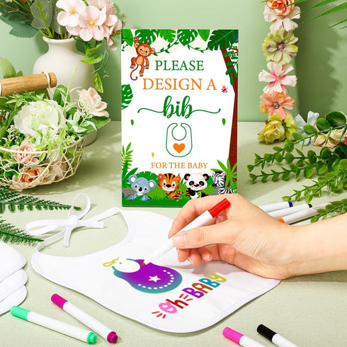 50 DIY Baby Bibs Set, Includes 25 White Feeder Bibs and 24 Fabric Markers for Baby Shower Game