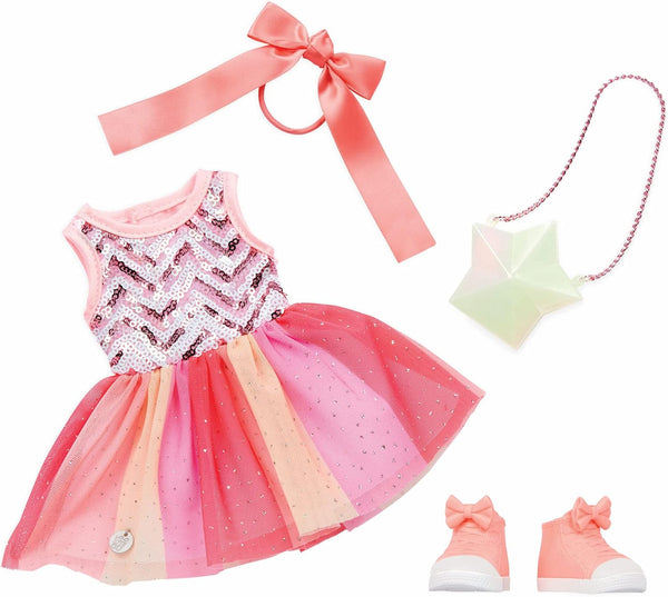 Glitter Girls 14-Inch Doll Clothes, Sequined Party Dress with Pink High-Tops & Star Purse