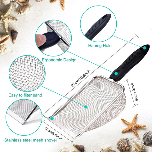 TUSAUW 4Pcs Beach Mesh Shovel with Bag Shark Tooth Mesh Bag for Shell Collecting, Sand Sifter for The Beach, Shovel