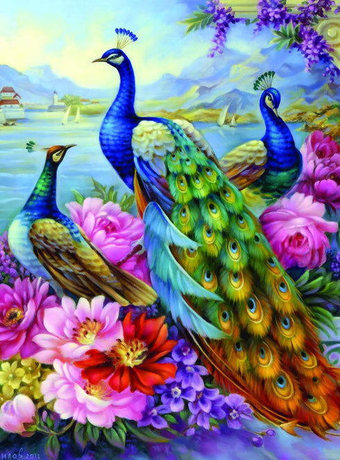 Bits and Pieces - 500 Piece Jigsaw Puzzle for Adults - Peacocks - 18" x 24" - Flower Lake Bird by Artist Oleg Gavrilov