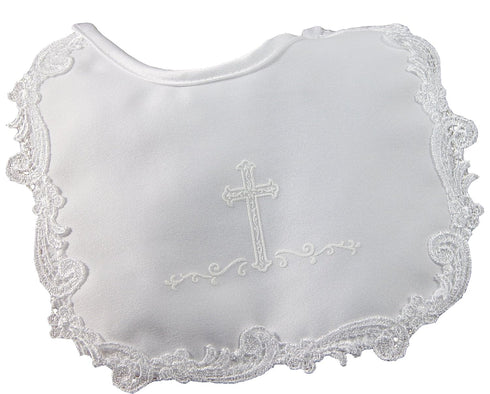 Girls Matte Satin Screened Cross Bib with Venise Lace