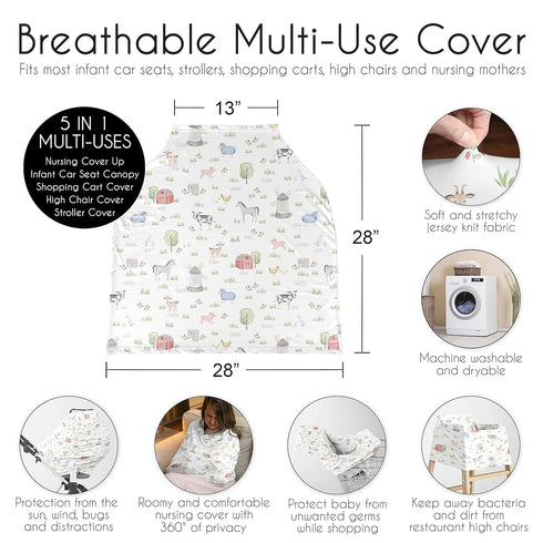 Sweet Jojo Designs Farm Animals Boy Girl Infant Baby Car Seat Cover Nursing Breastfeeding Shopping Cart Stroller Canopy