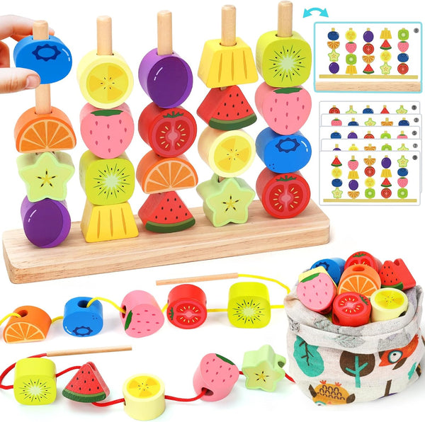 Montessori Wooden Beads Stacking Toys: 2 3 4 Year Old Boys Girls