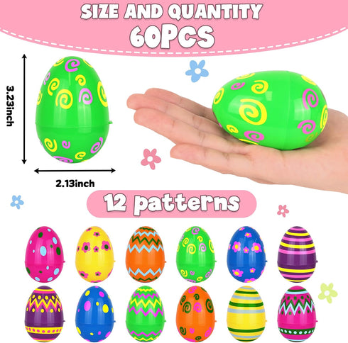 NAWITDA 60 Pack 3 Inch Large Plastic Printed Easter Eggs, Empty Fillable Eggs Bulk for Easter Egg Hunt, Easter Basket