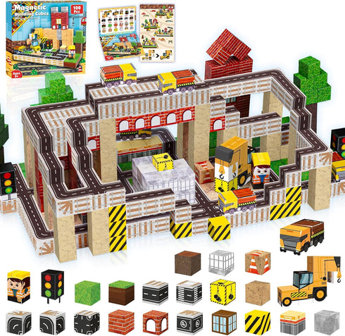 Magnetic Blocks 100PCS Magnetic Building Tiles Stacking Construction Set, STEM Montessori Sensory Toys for Kids Ages 4-8