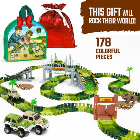JITTERYGIT Dinosaur Jurassic Race Track Train Glow in The Dark World Toy Set - Kids Dino Racetrack Park with T-Rex &