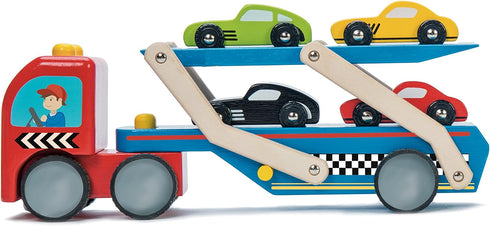 Le Toy Van Motors, Planes & Garages Race Car Transporter Set, Premium Wooden Toys for Kids Ages 3 and Up