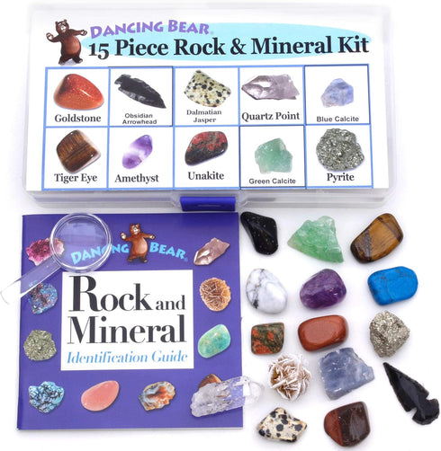 DANCING BEAR 15 Pc Rock & Mineral Collection, Beginner Starter Set for Kids' Gemstone Education