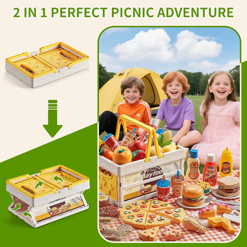 Sets Play Food for Kids Kitchen, Wheat Straw Pretend Food Toys with Kids Picnic Basket and Picnic Blanket, Cutting Toy