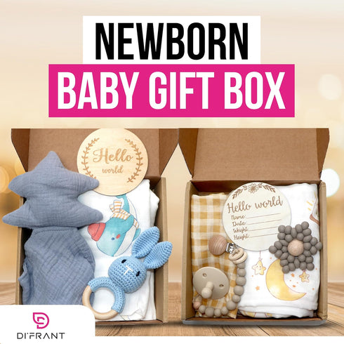 Set DI'FRANT Newborn Baby Gift Box | Baby Essentials Educational Teething Toy & Soothing Crochet Rattle |Baby Boy Stuff