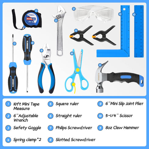 12-Piece Set 8+ URASISTO Kids Tool with Tool Storage Bag, Junior Real Hand Tool Kit for Boys & Girls, Children Learning