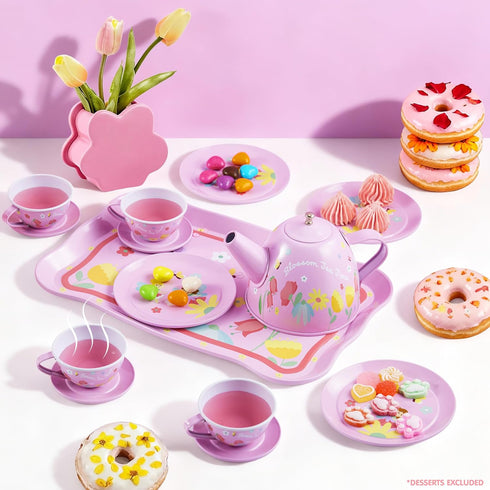 Set Set, 3 4 5 6 JOYIN Fairy Blossom Tea Party for Little Girls, Pretend Pink Tin Teapot Princess Tea Time Play Kitchen